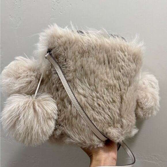 Beige Real Shearling Handmade Drawstring Bucket Bag Includes 4 Fur Balls Charm - Picture 12 of 16